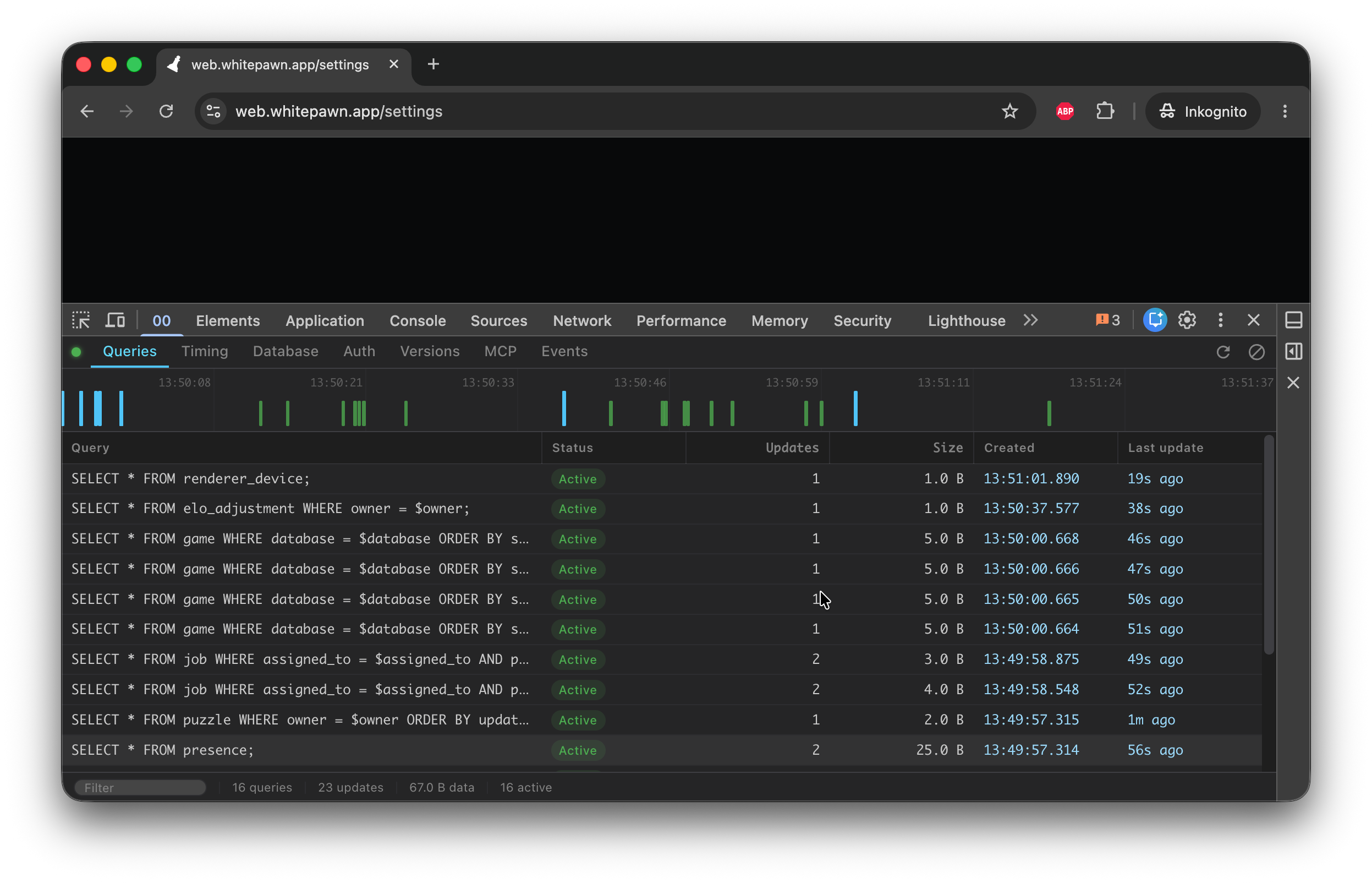 The sp00ky panel inside Chrome DevTools, showing the Queries tab: a timeline of query updates and a table of live SurrealQL queries with status, update count, size and last update time